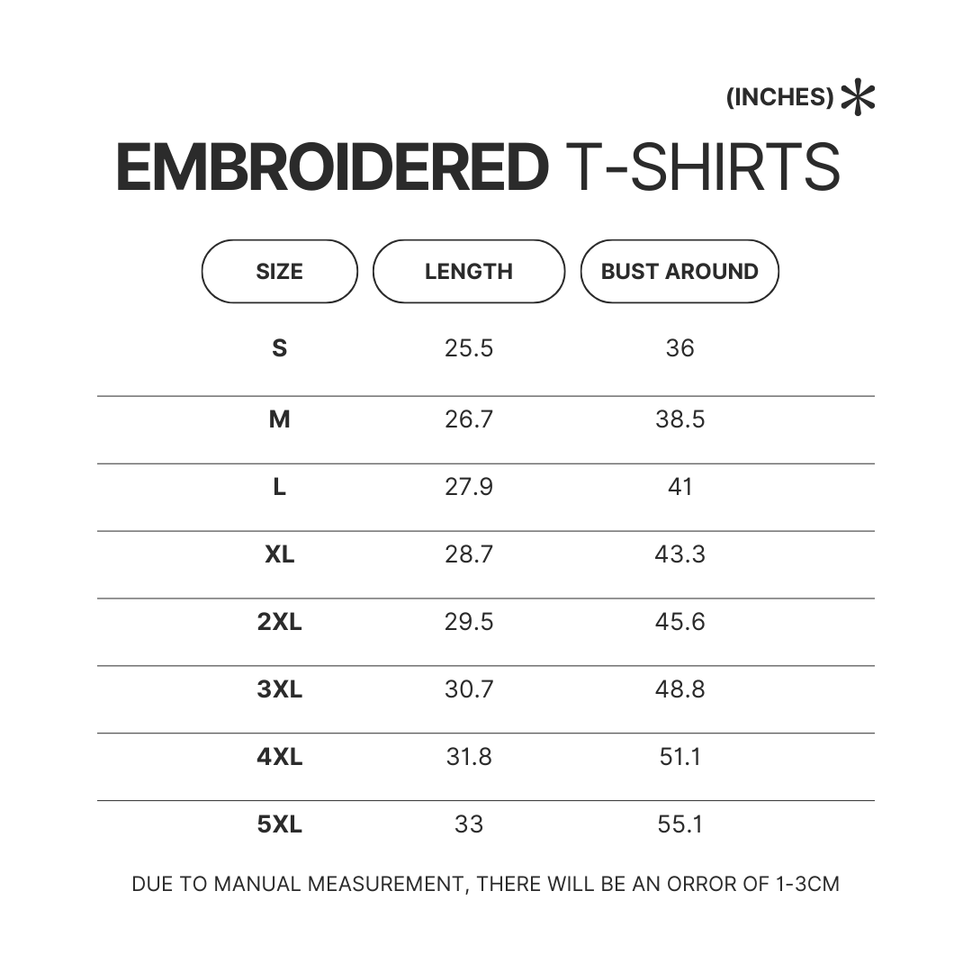 Embroidered T shirt Size Chart - Boxing Gifts Shop