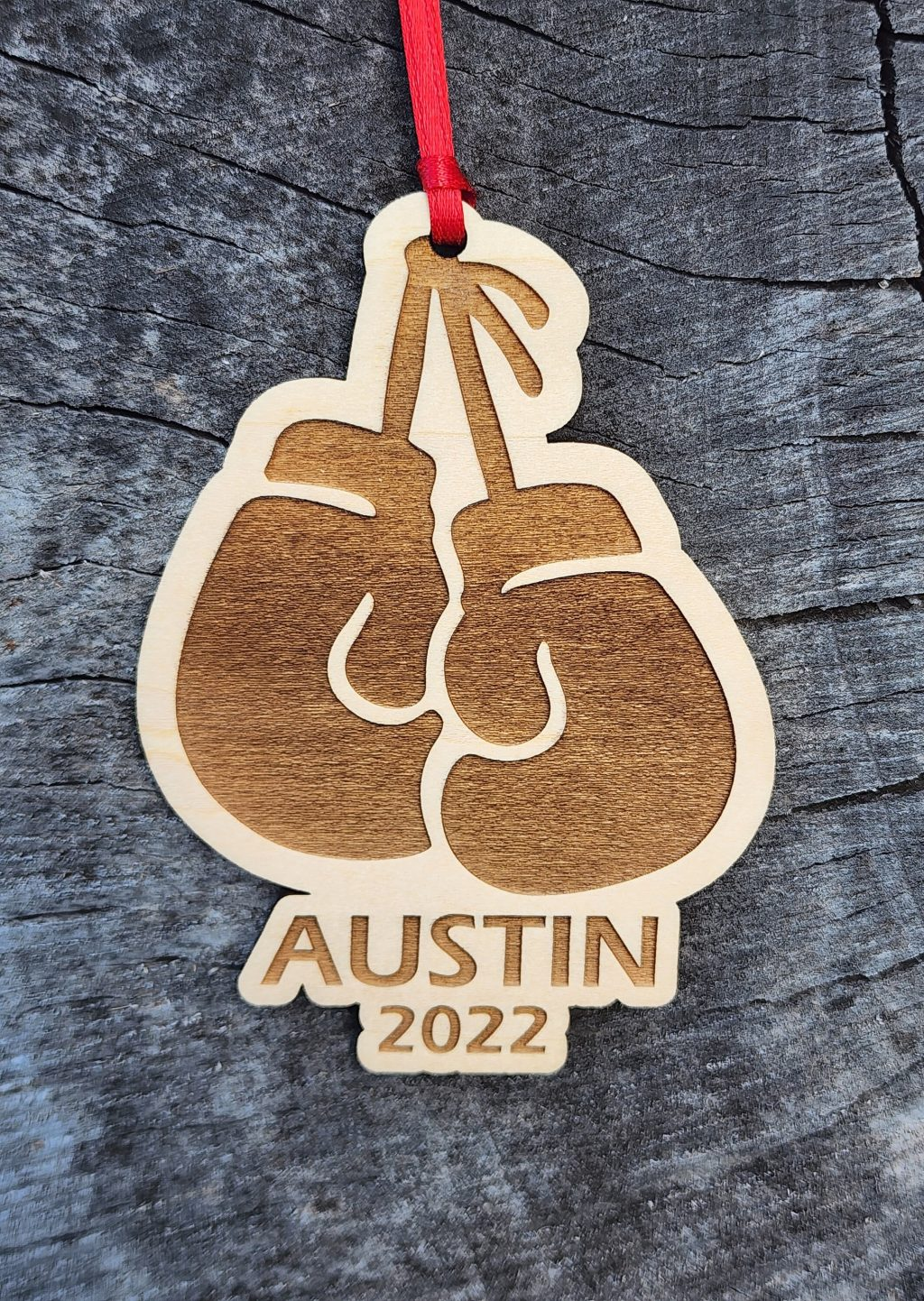 Boxing Christmas Ornament With Gift Box Personalized Coach Natural Wood